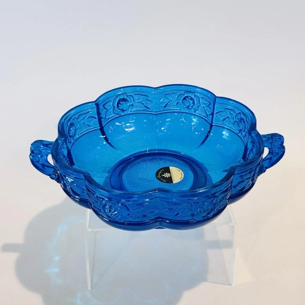 Vintage Jeanette Blue Bowl w‎ Scalloped Edge & Handles Rose Floral Relief